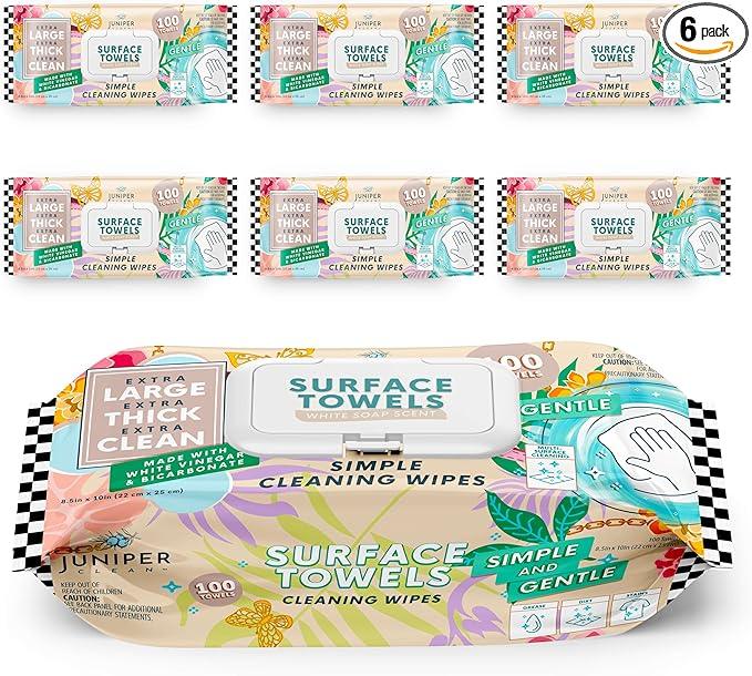 6 Packs Surface Cleaning Wipes, Thick & Large Dispose, All-Purpose Cleaner for Bathroom, Kitchen, Office, 600 Count Soft Flow, Biodegradable, White Soap Scent - NeatNest