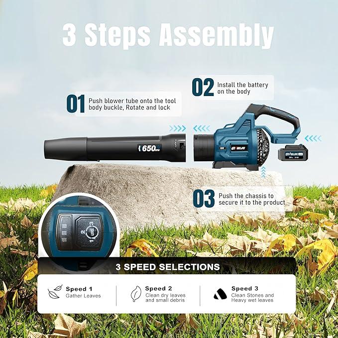 GEVEELIFE Leaf Blower Cordless, 650CFM & 3 Speed Levels, Electric Cordless Leaf Blower with 2 * 5.0Ah Battery Powered, Blowers for Lawn Care, Yard, Blowing Leaves, Dust, Snow - NeatNest