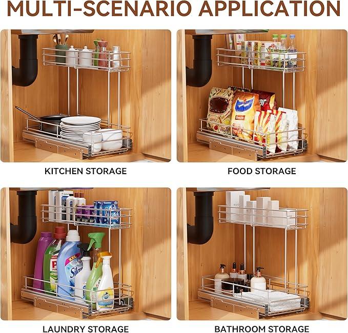 Under Sink Organizer 9"W X18.5"D，Pull Out Cabinet Organizer 2 Tier，Under Sink Slide Out Organizer Chrome Plated, Under Kitchen Bathroom Sink Organizer, Pantry Cabinet Closet Organization Rack, 1 Pack - NeatNest