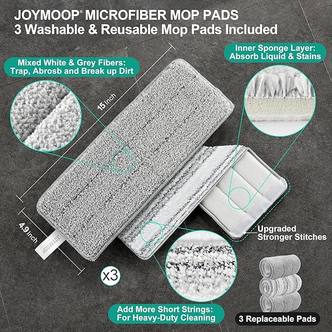 JOYMOOP Mop and Bucket with Wringer Set, Flat Squeeze Mop with Bucket (X-Large), Dust Mop for Wall Cleaner with Long Handle, Microfiber Mop - White Bucket with 3 Reusable 15" Pads - NeatNest