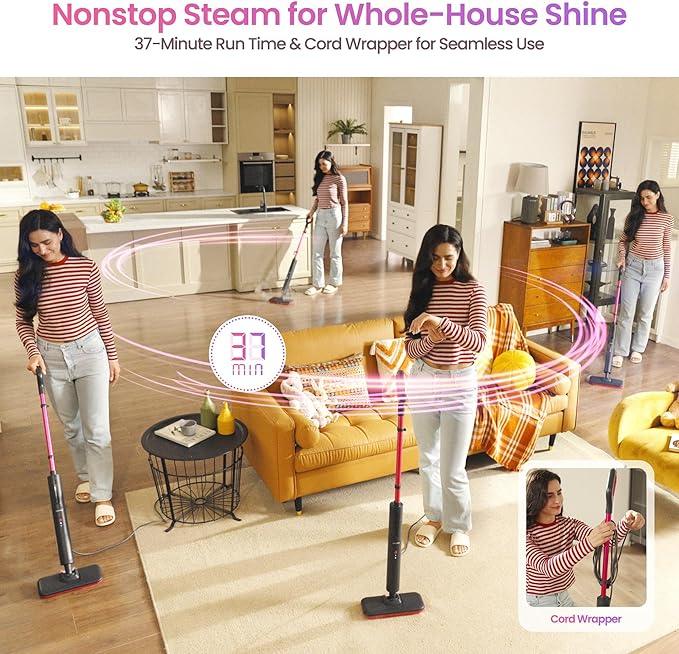 Schenley Steam Mop Cleaner Powerful - 15s Fast Heat-Up, Chemical-Free for Hardwood/Tile/Laminate & Floors/Walls, Washable Pads, 3 Modes for Carpet, Lightweight, Self-Standing, Sleek Design - NeatNest
