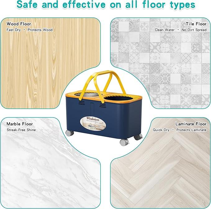 2025 Upgraded Gen 1 Mop and Bucket with 360° Swivel Wheels for Easy Rolling, Clean & Dirty Water Separation, Hands-Free Wringer, 6 Microfiber Mop Heads for Wood, Tile, and Floor Cleaning – Blue/Yellow - NeatNest