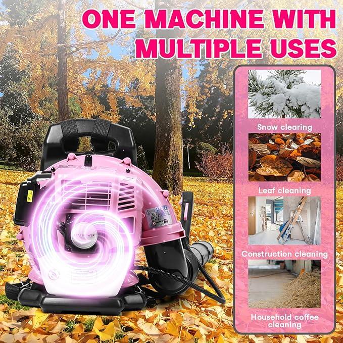 63CC Backpack Leaf Blower Gas Powered, 3HP 2-Stroke Engine, 665CFM High Velocity Air Cooling System, Adjustable Backpack Blowers Gas for Lawn, Garden, Yard, Snow, Gutter Cleaning (Girls Pink) - NeatNest