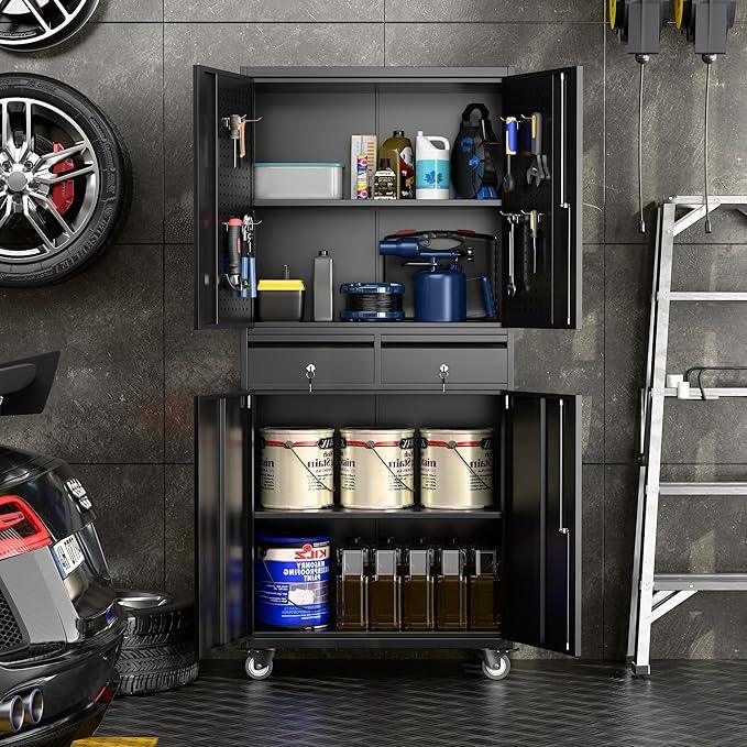 SUXXAN 71" Metal Garage Storage Cabinet with 8 Hooks and Pegboards,2 Drawer Rolling Tool Storage with Locking Doors and Adjustable Shelves,Heavy Duty Steel Tool Cabinet for Garage, Warehouse - NeatNest