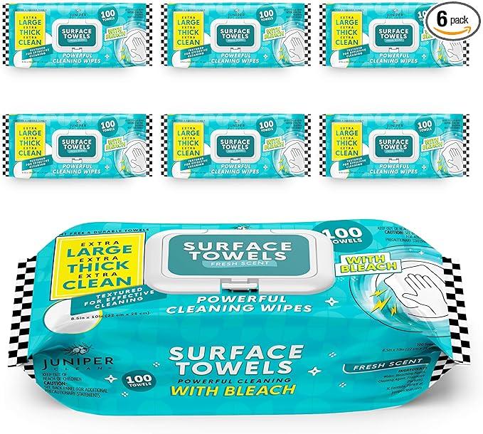 6 Packs Surface Wipes with Bleach, Thick & Large Dispose, All-Purpose Cleaner for Bathroom, Kitchen, Office, 600 Count Soft Flow, Biodegradable, Fresh Scent - NeatNest