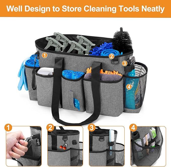 LoDrid Professional Cleaning Tote Caddy for Cleaning Supplies, Cleaning Bag Organizer with Dividers and Handle Strap for Housekeepers Work, Gray, (Bag Only) - NeatNest