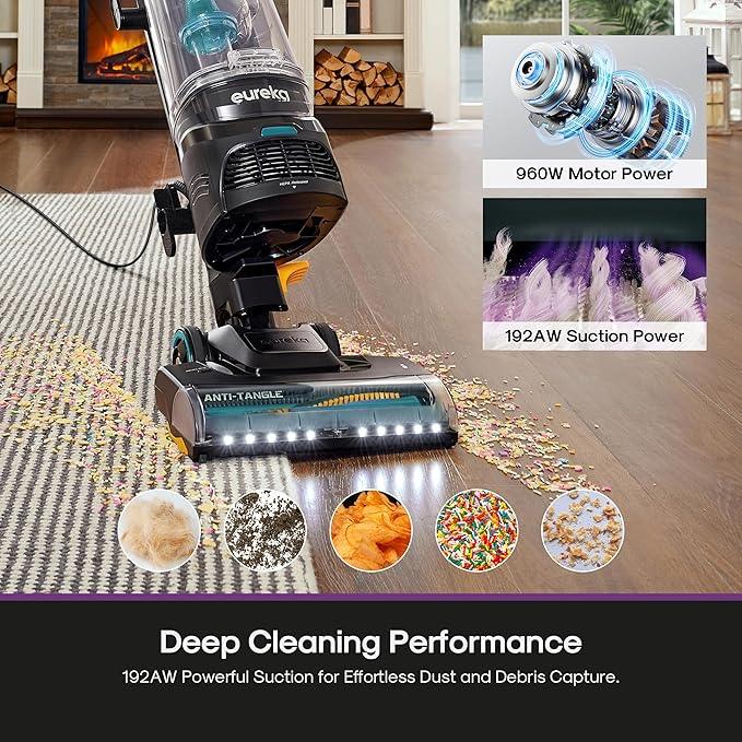 Eureka FlexReach Plus Bagless Upright Vacuum Cleaner for Home,Pet Vacuum for Carpet and Hard Floor, Lift-Up Vacuum with Flooring Type Sensor, HEPA Filter,Anti-Tangle, NEU652, Green - NeatNest