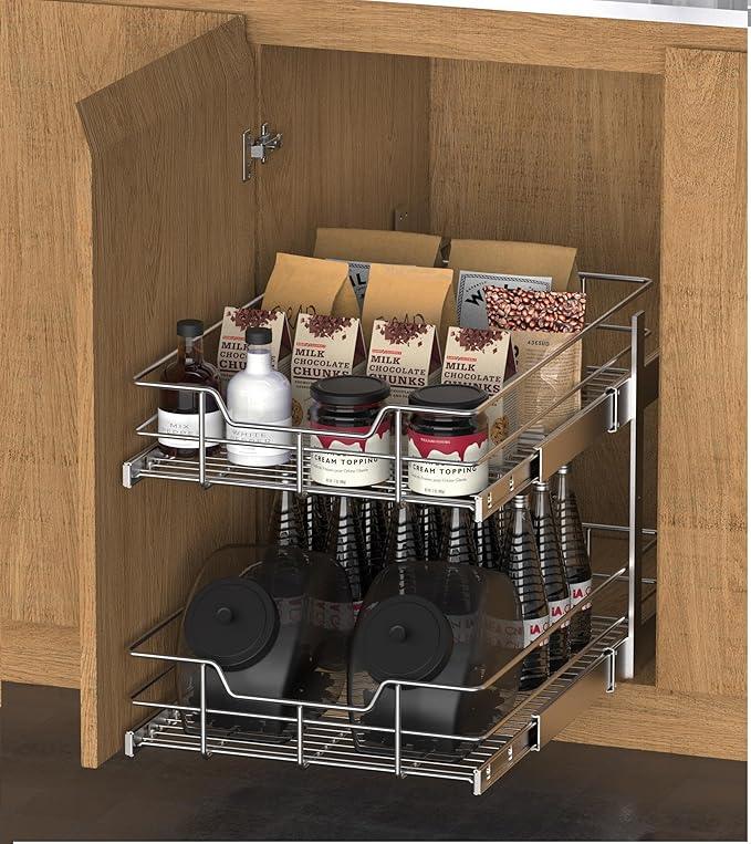 2 Tier Pull Out Cabinet Organizer 11" W X 17" D, Slide Out Drawers for Kitchen Cabinets, Pull Out Drawers for Cabinets Capacity Heavy Duty Caddy, Cabinet Pullout Shelves Chrome-Plated,Bathroom Pantry - NeatNest
