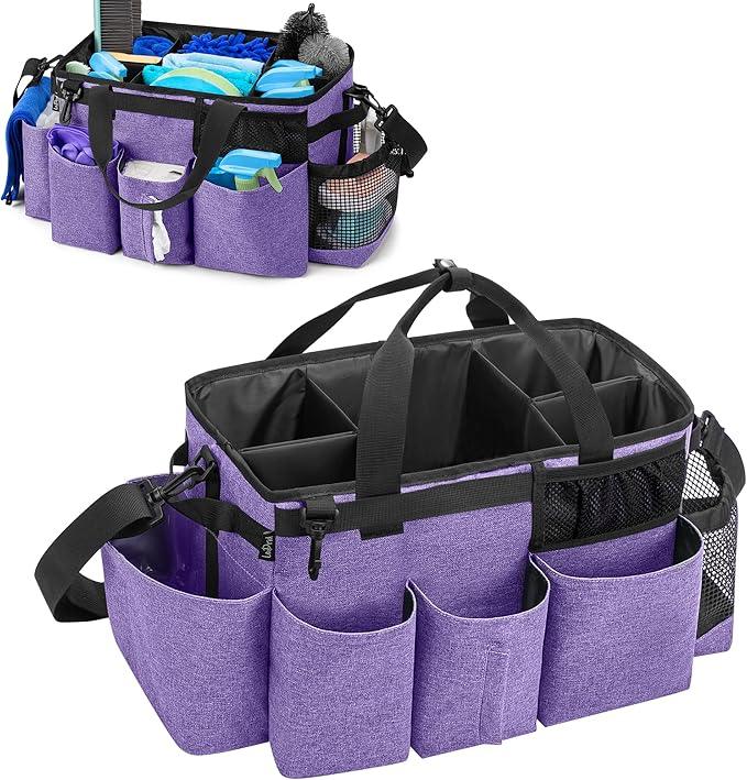 LoDrid Wearable Cleaning Caddy Bag with 4 Foldable Dividers, Cleaning Supply Tote for Cleaning Supplies, Cleaning Organizer with Shoulder Strap and Side Handles for Cleaners & Housekeepers, Purple - NeatNest