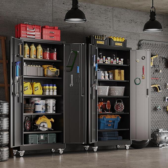 SUXXAN Garage Storage Cabinet with Wheels Pegboard and 5 Adjustable Shelves, 71'' x 32'' x 16''Metal Lockable Cabinet with Magnetic Doors,Tool Storage,Home Office Garage,Gym,School (Black) - NeatNest