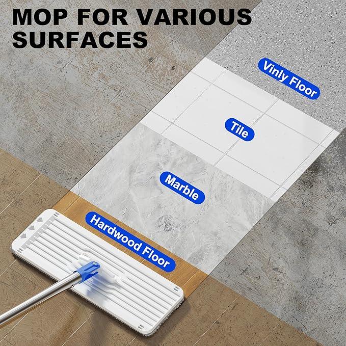 Mop and Bucket Set with Wringer, Squeeze Wall Mop Cleaner with Long Handle, Flat Mop and Bucket System, Dry & Wet Dust Mops for Household Floor Cleaning with 3 Microfiber Mops, Slate Blue - NeatNest