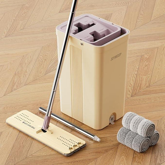 JOYMOOP Mop and Bucket Set (Beige & Blush Brown) with Extension Handle, Ideal for Floor, Window, and Wall Cleaning - Includes 3 Washable Microfiber Pads for Wet and Dry Use - NeatNest