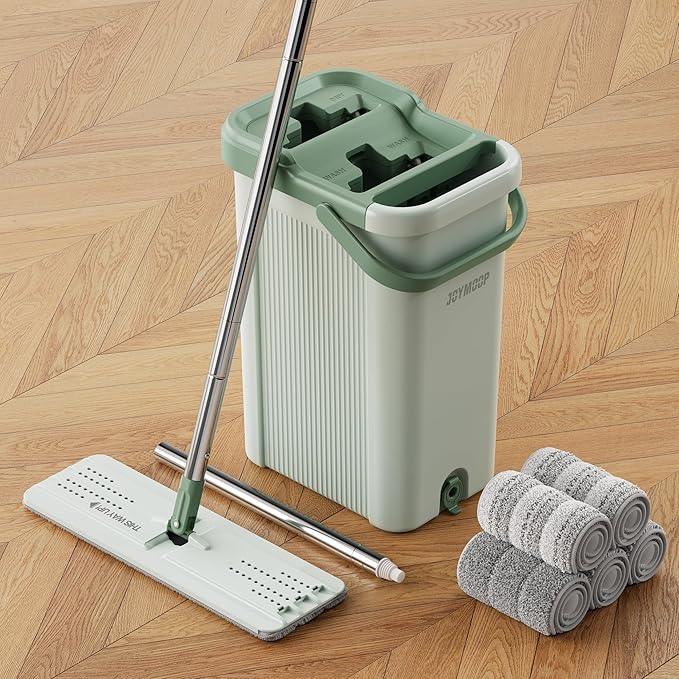 JOYMOOP 8L Large Capacity Flat Mop System (Light Green) with Extension Handle, Ideal for Floor, Window, and Wall Cleaning - Includes 5 Washable Microfiber Pads for Wet and Dry Use - NeatNest