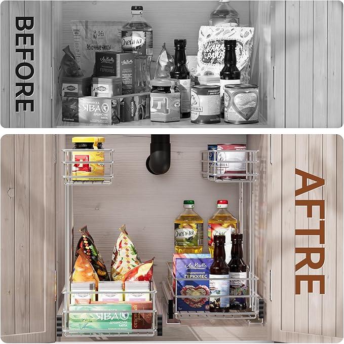 Under Sink Organizer 9"W X18.5"D，Pull Out Cabinet Organizer 2 Tier，Under Sink Slide Out Organizer Chrome Plated, Under Kitchen Bathroom Sink Organizer, Pantry Cabinet Closet Organization Rack, 1 Pack - NeatNest