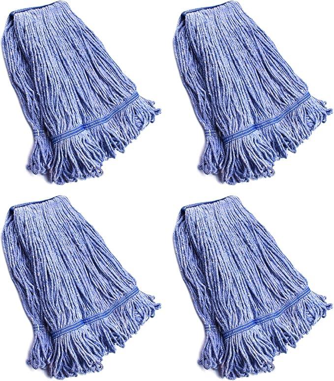 String Mop Heads Replacement Heavy Duty Commercial Grade Blue Cotton Looped End Wet Industrial Cleaning Mop Head Refills (4, Medium) - NeatNest