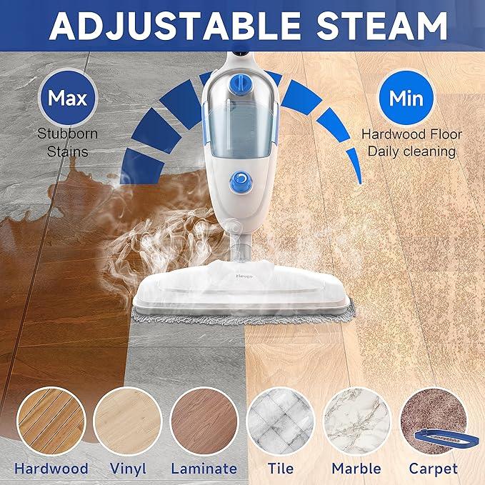 Steam Mop for Floor Cleaning, 10in1 Multi Purpose Handheld Steamer Cleaner Detachable for Vinyl, Laminate, Carpet, Tile Hard Floor Grout w/ 2 pad, 23ft Cord, 15oz Tank, Adjustable Steam & Height - NeatNest