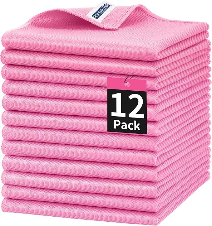 HOMERHYME Microfiber Cleaning Cloth, 12 Pack Window Glasses Cleaning Cloth, Reusable Lint-Free Streak Free Polishing Cloth Wipes for Stainless Steel, Eyeglasses, Mirrors, Screens & Lenses,12"*12" Pink - NeatNest