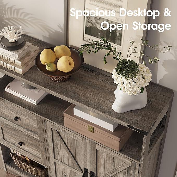Fameill Farmhouse Storage Cabinet with Drawers and Open Storage,Freestanding Kitchen Pantry with 2 Barn Doors, Floor Cabinet with Adjustable Shelf for Living Room,Grey - NeatNest