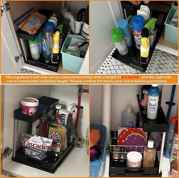 Yieach 2 Pack 10.8″ High Pull Out Under Sink Organizer,14.5″ Deep 2 Tier Slide Out Cabinet Organizer for Kitchen Cabinet,Undersink Organizers,Under Sink Shelves,Bathroom Organizers and Storage,Black - NeatNest