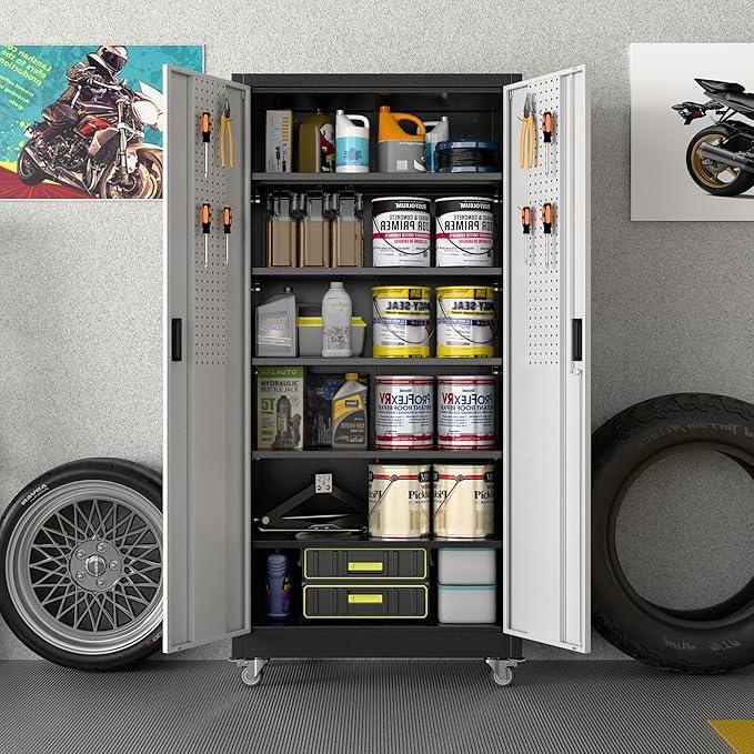 SUXXAN Garage Storage Cabinet with Pegboard and 5 Adjustable Shelves, 71'' x 34'' x 18''Metal Lockable Cabinet with Magnetic Doors,Tool Storage,Home Office Garage,Gym,School (Black-Silver) - NeatNest