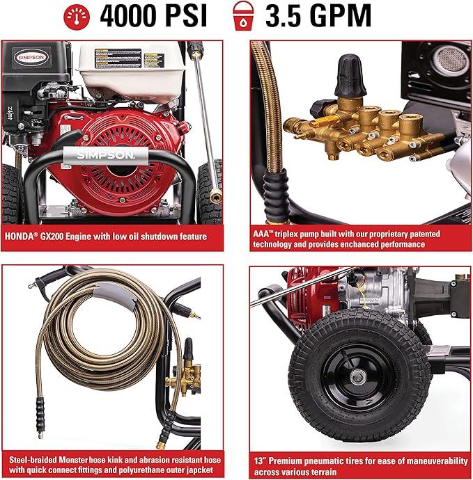 Simpson Cleaning PS60869 PowerShot 4000 PSI Gas Pressure Washer, 3.5 GPM AAA Triplex Pump, Honda GX270 Engine, Includes Spray Gun, Wand, 5 QC Nozzle Tips, 3/8-inch x 50-Foot Monster Hose, 49-State - NeatNest