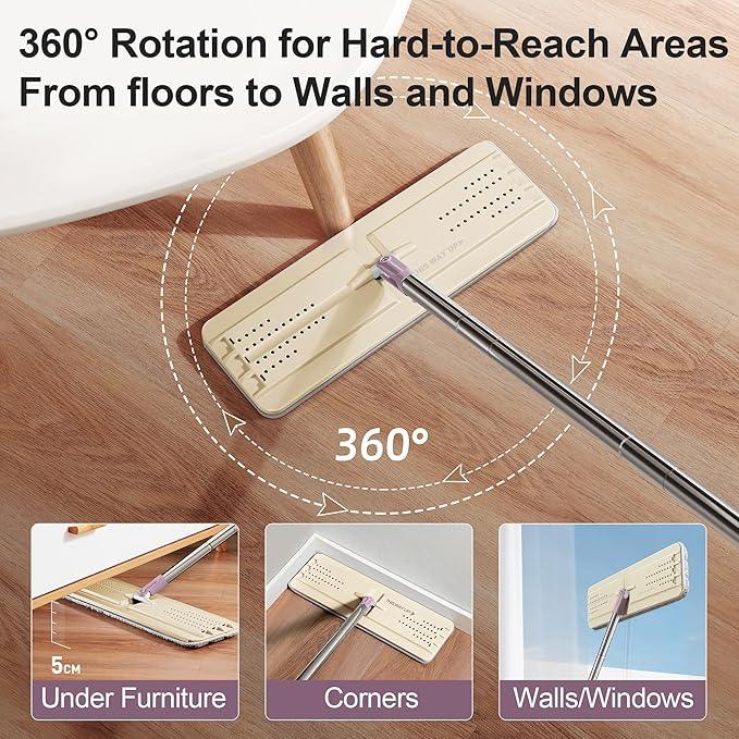 JOYMOOP Mop and Bucket Set (Beige & Blush Brown) with Extension Handle, Ideal for Floor, Window, and Wall Cleaning - Includes 5 Washable Microfiber Pads for Wet and Dry Use - NeatNest