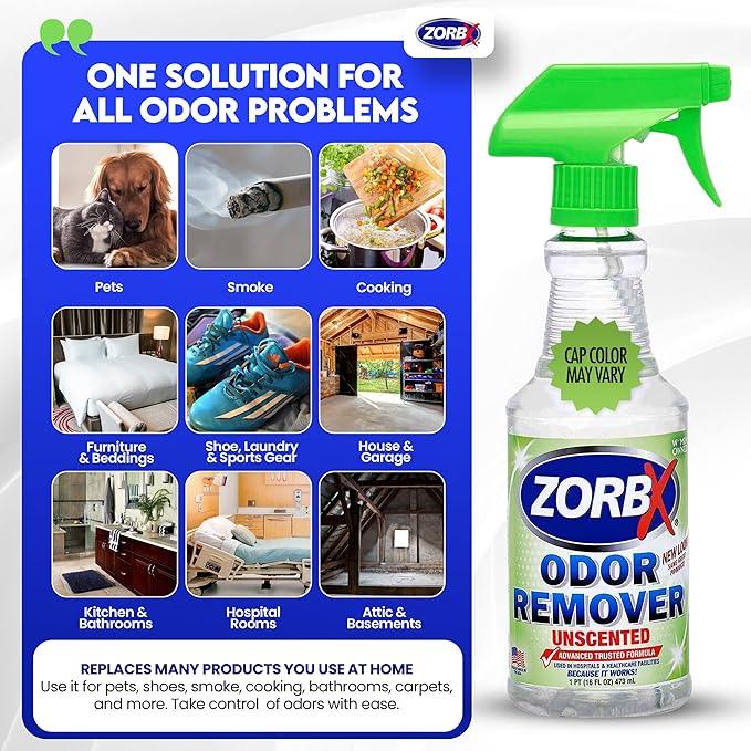 ZORBX Unscented Odor Eliminator for Strong Odor 16 Fl Oz - Used in Hospitals & Healthcare Facilities - Advanced Trusted Formula, Fast-Acting Odor Remover Spray for Dog, Cat, House & Carpet - NeatNest