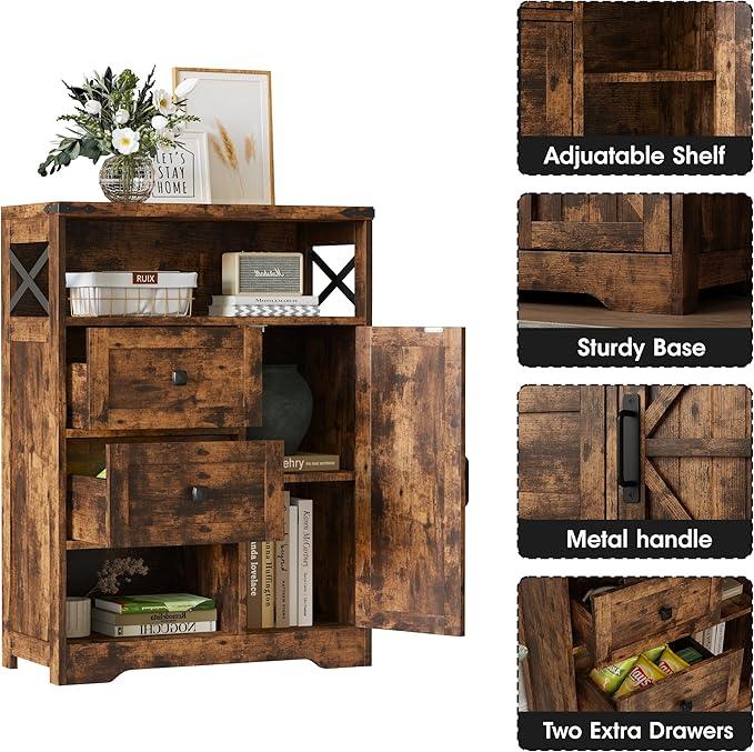 Fameill Farmhouse Storage Cabinet with 2 Drawers & Shelves,Freestanding Kitchen Cabinet with Doors,Floor Storage Organization for Living Room,Bathroom,Laundry,Brown - NeatNest