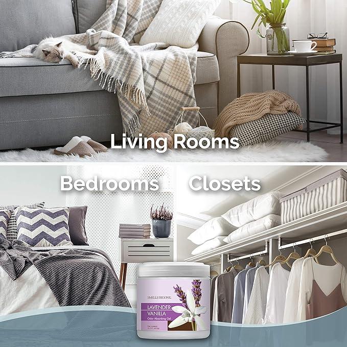 SMELLS BEGONE 15oz Gel Odor Eliminator - Absorb & Remove Tough Odors in Pet Areas, Bathrooms, Basements, Garage, Cars, RVs & Boats - Eliminate Odors with Essential Oils (Lavender Vanilla) - NeatNest