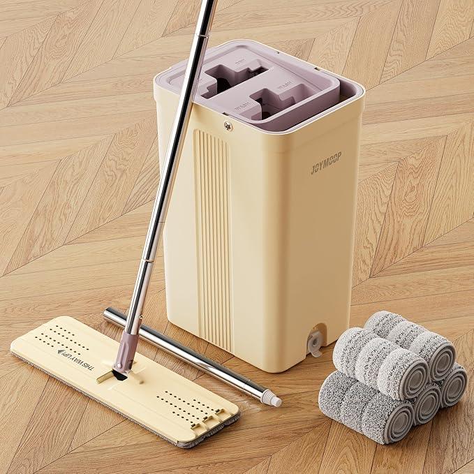JOYMOOP Mop and Bucket Set (Beige & Blush Brown) with Extension Handle, Ideal for Floor, Window, and Wall Cleaning - Includes 5 Washable Microfiber Pads for Wet and Dry Use - NeatNest