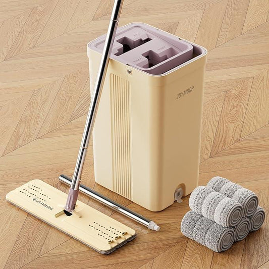 JOYMOOP Mop and Bucket Set (Beige & Blush Brown) with Extension Handle, Ideal for Floor, Window, and Wall Cleaning - Includes 5 Washable Microfiber Pads for Wet and Dry Use - NeatNest