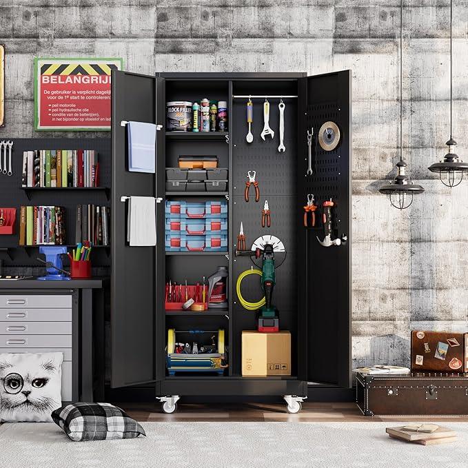 SUXXAN Broom Closet Storage Cabinet with13 Hooks and Hanging Rods, 71" Heavy Duty Cleaning Cabinet for Garage, Laundry Room - NeatNest