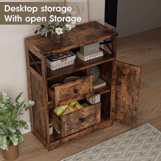 Fameill Farmhouse Storage Cabinet with 2 Drawers & Shelves,Freestanding Kitchen Cabinet with Doors,Floor Storage Organization for Living Room,Bathroom,Laundry,Brown - NeatNest