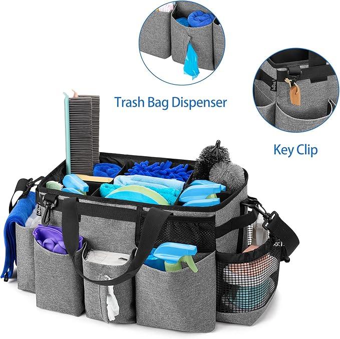 LoDrid Wearable Cleaning Caddy Bag with 4 Foldable Dividers, Cleaning Supply Organizer with Shoulder Strap and Side Handles for Cleaners & Housekeepers, Grey - NeatNest