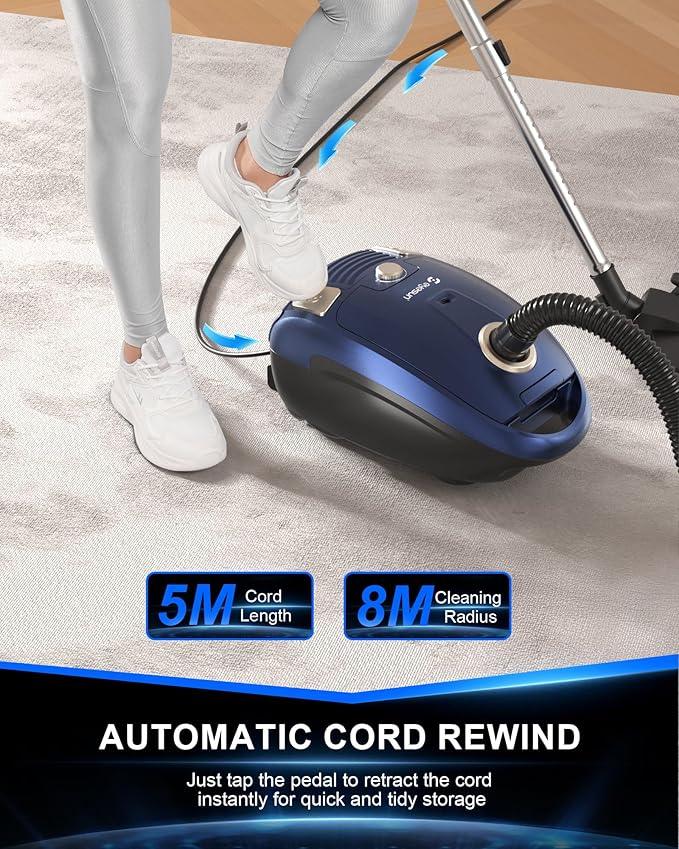 Bagged Canister Vacuum Cleaner,1400W Powerful High-Suction Bagged Canister Vac with 3.7QT Dust Bags,Pop-N-Go Brush,HEPA Filter,Dual Motors&4 Cleaning Tools,Perfect for Low-Pile Carpets&Hard Floors - NeatNest