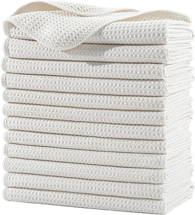 POLYTE Premium Microfiber Kitchen Dish Hand Towel Waffle Weave 12 Pack (16x28 in, Off White) - NeatNest