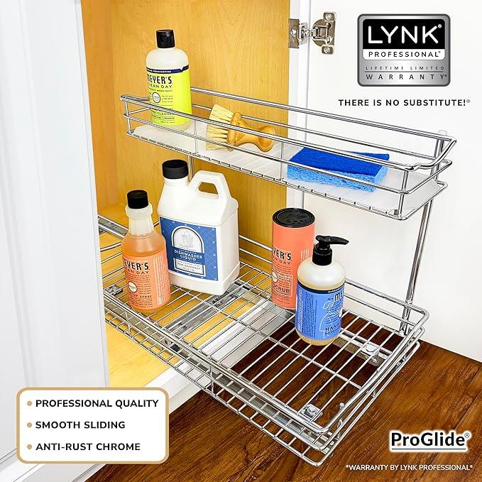 LYNK PROFESSIONAL® Pull Out Under Sink Kitchen Cabinet Organizer - 11.5 in. x 18 inch deep Drawer - Sliding Shelf Organizer for Cabinets and Undersink Storage Shelves - Lifetime Ltd. Warranty – Chrome - NeatNest