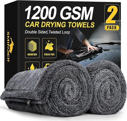 2-Pack 1200 GSM Car Drying Towels – Microfiber Towels for Cars (36" x 24"), Ultra-Absorbent, Streak-Free, Scratch-Free, No Water Spots, Double-Twist Pile & Edgeless Design