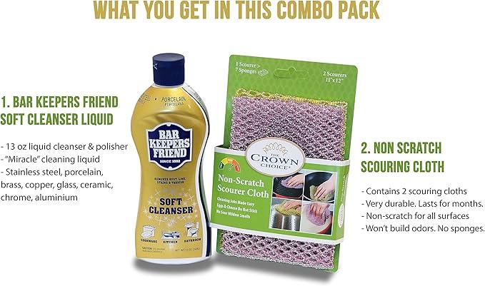 BAR KEEPERS FRIEND Soft Cleanser Liquid (13 OZ) and Non Scratch Scouring Scrubber Kit | Multipurpose, Stainless Steel, Rust, Soft Cleaner with Heavy Duty Non Scratch DishCloth - NeatNest