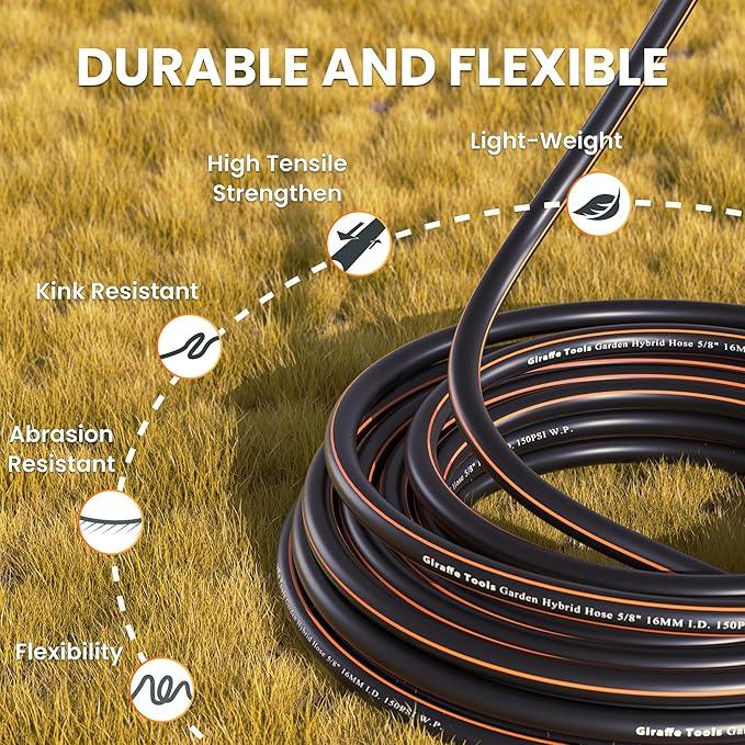 Giraffe Tools Garden Hose 25ft x 5/8", Water Hose Heavy Duty, Flexible, Lightweight Hybrid Hose with Swivel Handle, Male to Female Fittings, Burst 600 PSI - NeatNest