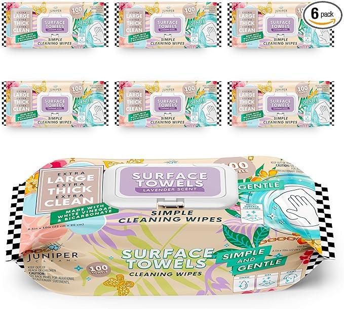 6 Packs Surface Cleaning Wipes Bleach Free, Thick & Large Dispose, All-Purpose Cleaner for Bathroom, Kitchen, Office, 600 Count Soft Flow, Biodegradable, Lavender Scent - NeatNest