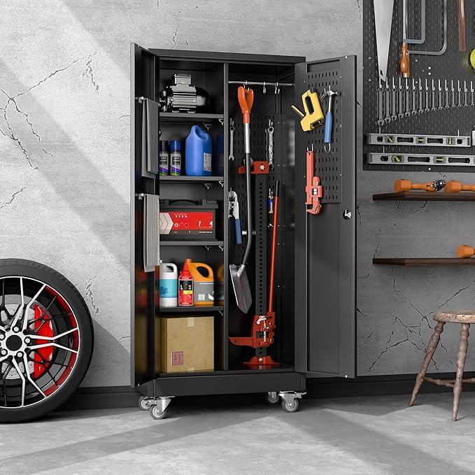 SUXXAN Broom Closet Storage Cabinet with Wheels 61.6"x 27.5"x11.7", Metal Cleaning Cabinets with Hooks and Hanging Rods, Lockable Cabinet with Pegboard, Adjustable Shelf,for Garage, Laundry Room - NeatNest