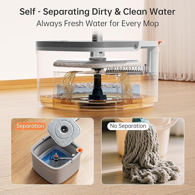 KZKR Spin Mop and Bucket Set with Self Separation Dirty and Clean Water System, Self Wringing 360° Rotating Square Mop Head for Home Floors Cleaning (1.0 Mop and Bucket Set (6 Pads)) - NeatNest