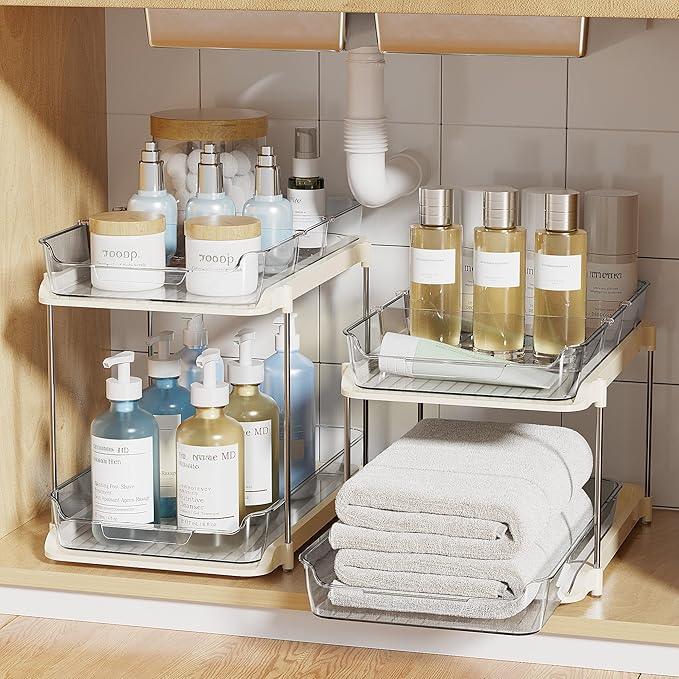 Delamu 2-Tier Multi-Purpose Bathroom Under Sink Organizers and Storage, Stackable Kitchen Pantry Organization, Pull Out Medicine Cabinet Organizer with Movable Dividers, Beige, 2 Pack - NeatNest