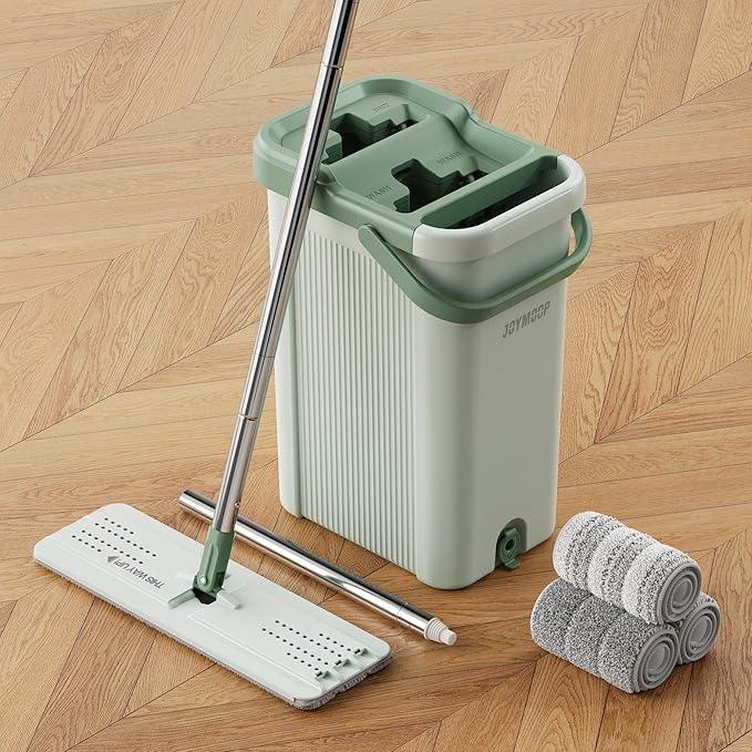 JOYMOOP 8L Large Capacity Flat Mop System (Light Green) with Extension Handle, Ideal for Floor, Window, and Wall Cleaning - Includes 3 Washable Microfiber Pads for Wet and Dry Use - NeatNest