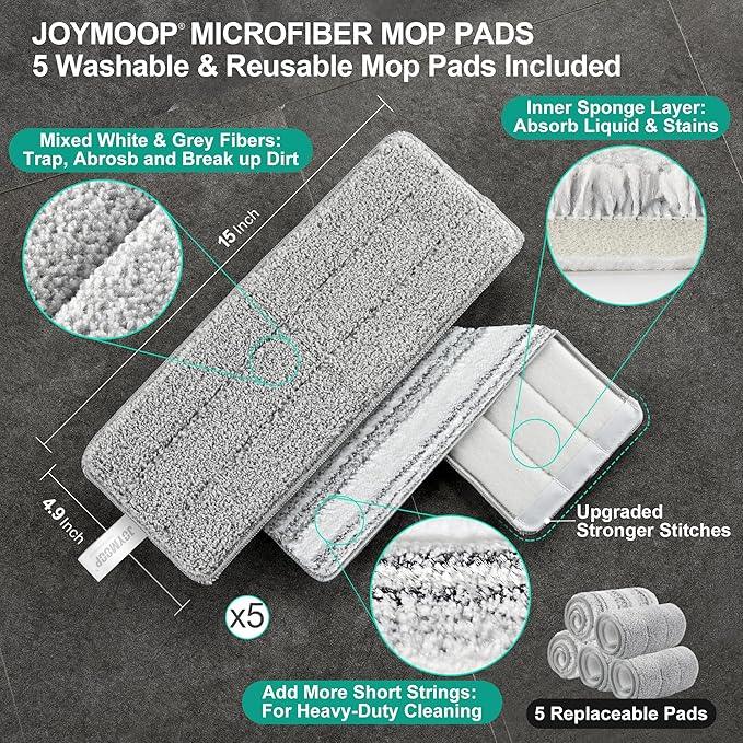 JOYMOOP Mop and Bucket with Wringer Set, Flat Squeeze Mop with Bucket (X-Large), Dust Mop for Wall Cleaner with Long Handle, Microfiber Mop - White Bucket with 5 Reusable 15" Pads - NeatNest