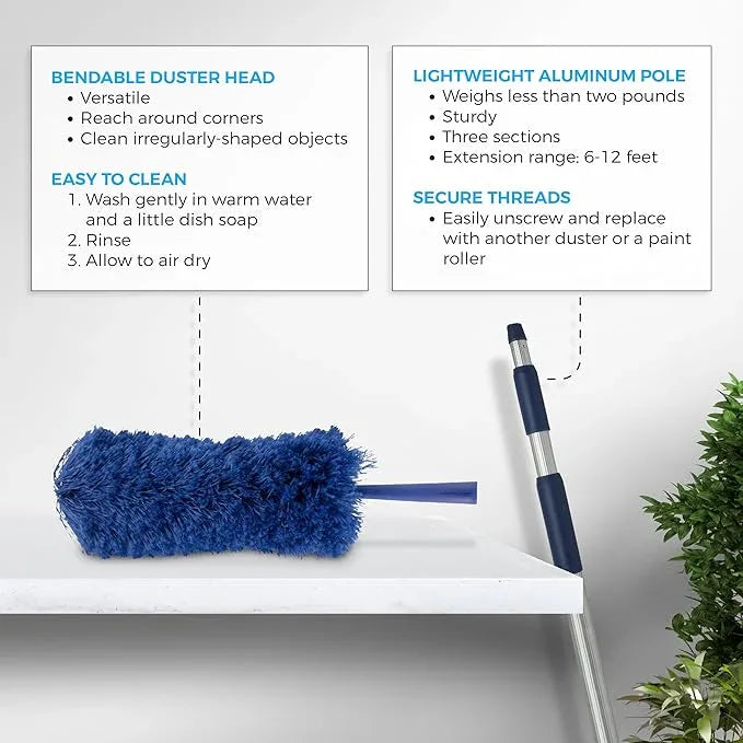 Cobweb Duster with Extension Pole, Plus Size Microfiber Ceiling Fan Duster Extendable 20 feet Reach, 3-Stage Aluminum Telescoping Pole Long Handle Webster Duster for Cleaning - NeatNest
