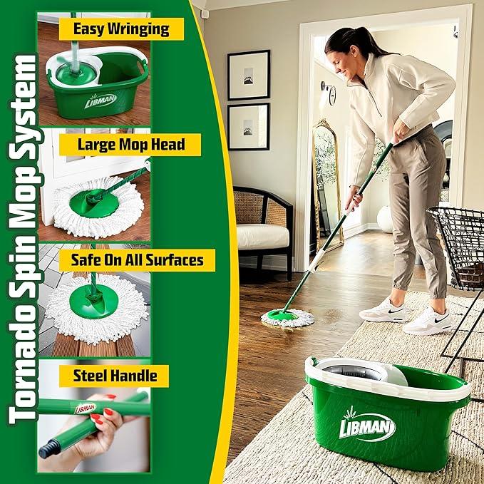 Libman Tornado Spin Mop System with 2 Refill Heads, Microfiber Spinning Mop and Bucket with Wringer Set for Home, Floor Cleaning of Hard-Wood, Laminate, Tile, All Surface Cleaner, 3 Total Mop Heads - NeatNest