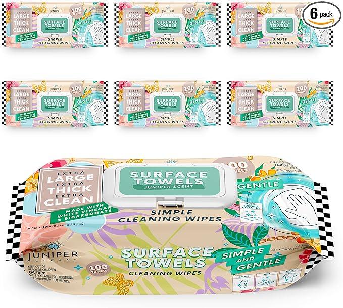 6 Packs Surface Cleaning Wipes Bleach Free, Thick & Large Dispose, All-Purpose Cleaner for Bathroom, Kitchen, Office, 600 Count Soft Flow, Biodegradable, Juniper Scent - NeatNest