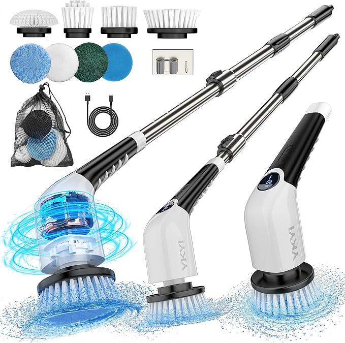 YKYI Electric Spin Scrubber,Cordless Cleaning Brush,Shower Cleaning Brush with 8 Replaceable Brush Heads,Power Scrubber 3 Adjustable Speeds,Adjustable & Detachable Long Handle,Voice Broadcast - NeatNest